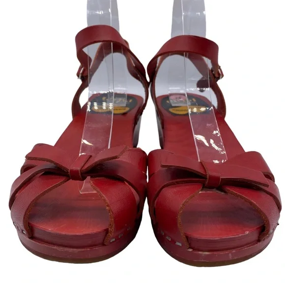 Swedish Hasbeens Sandal Red Leather Clog Bow Buckle Wood Size 8.5 - Picture 7 of 15
